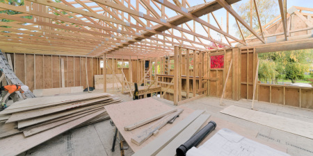 Upstairs view of interior framing and trusses